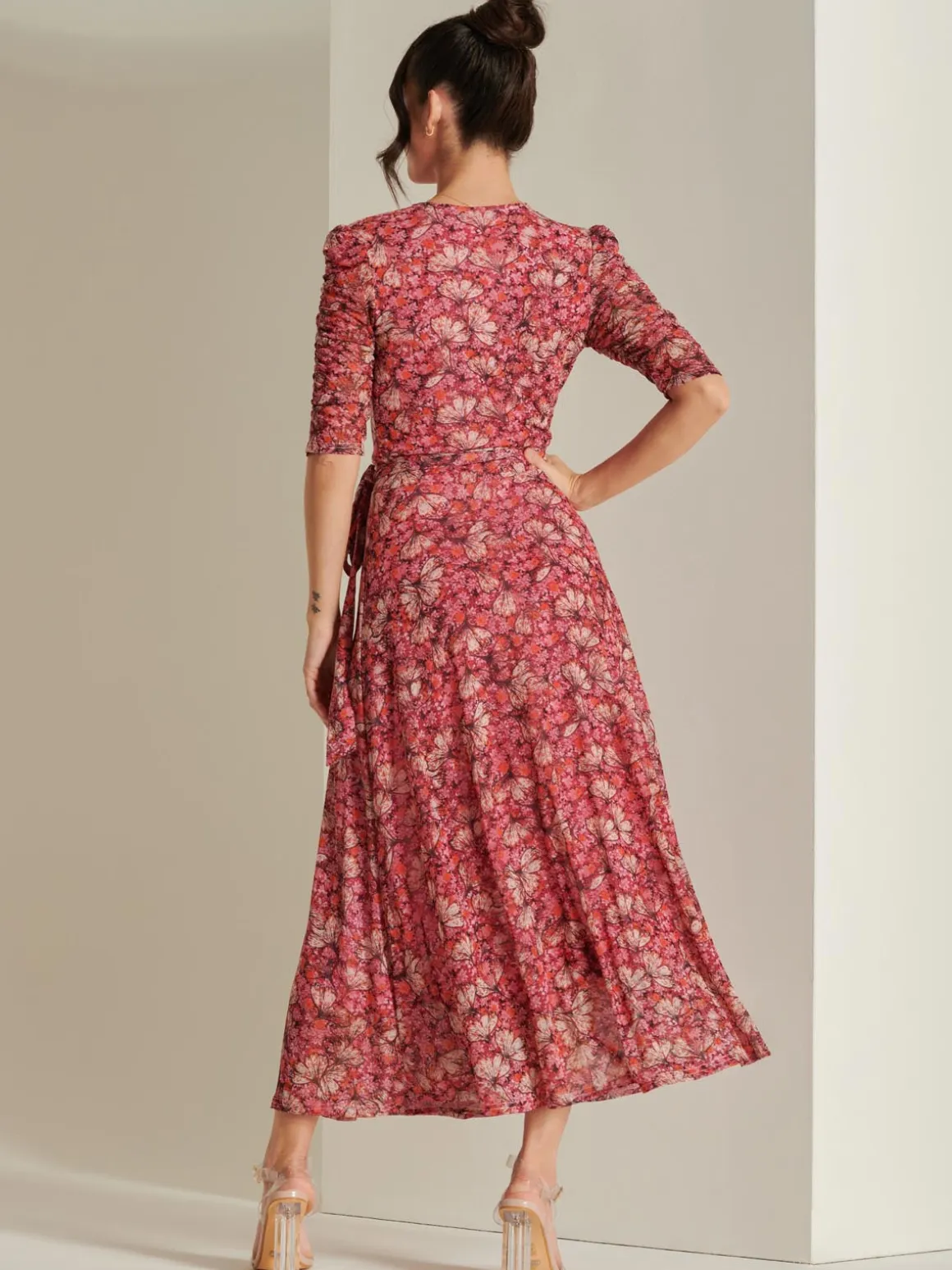 Daliyah Wrap Front Mesh Maxi Dress, Pink Multi