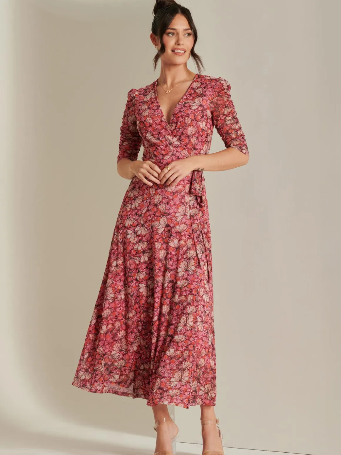 Daliyah Wrap Front Mesh Maxi Dress, Pink Multi