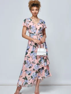 Danica Tiered Hem Mesh Maxi Dress, Pink Multi