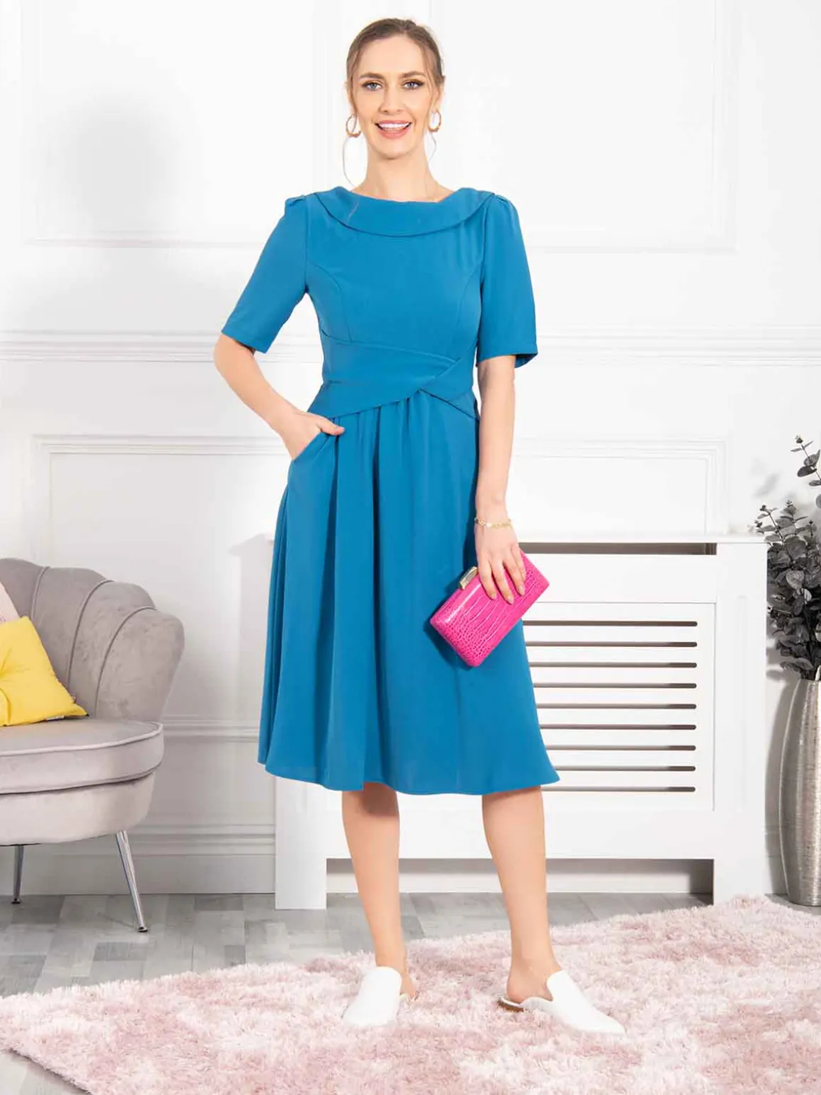 Darlene Twist Waist Swing Dress, Teal