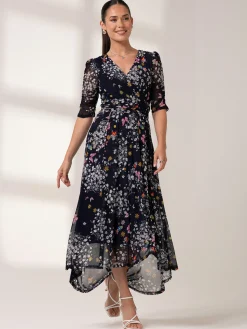 Dasha Ruched Sleeved Mesh Maxi Dress, Navy Floral