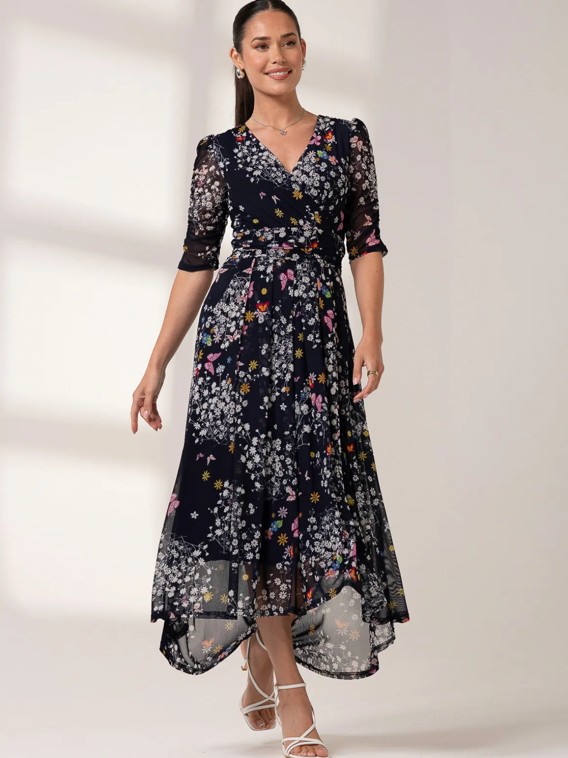 Dasha Ruched Sleeved Mesh Maxi Dress, Navy Floral