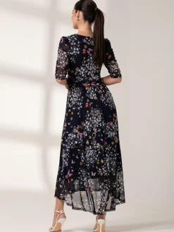 Dasha Ruched Sleeved Mesh Maxi Dress, Navy Floral
