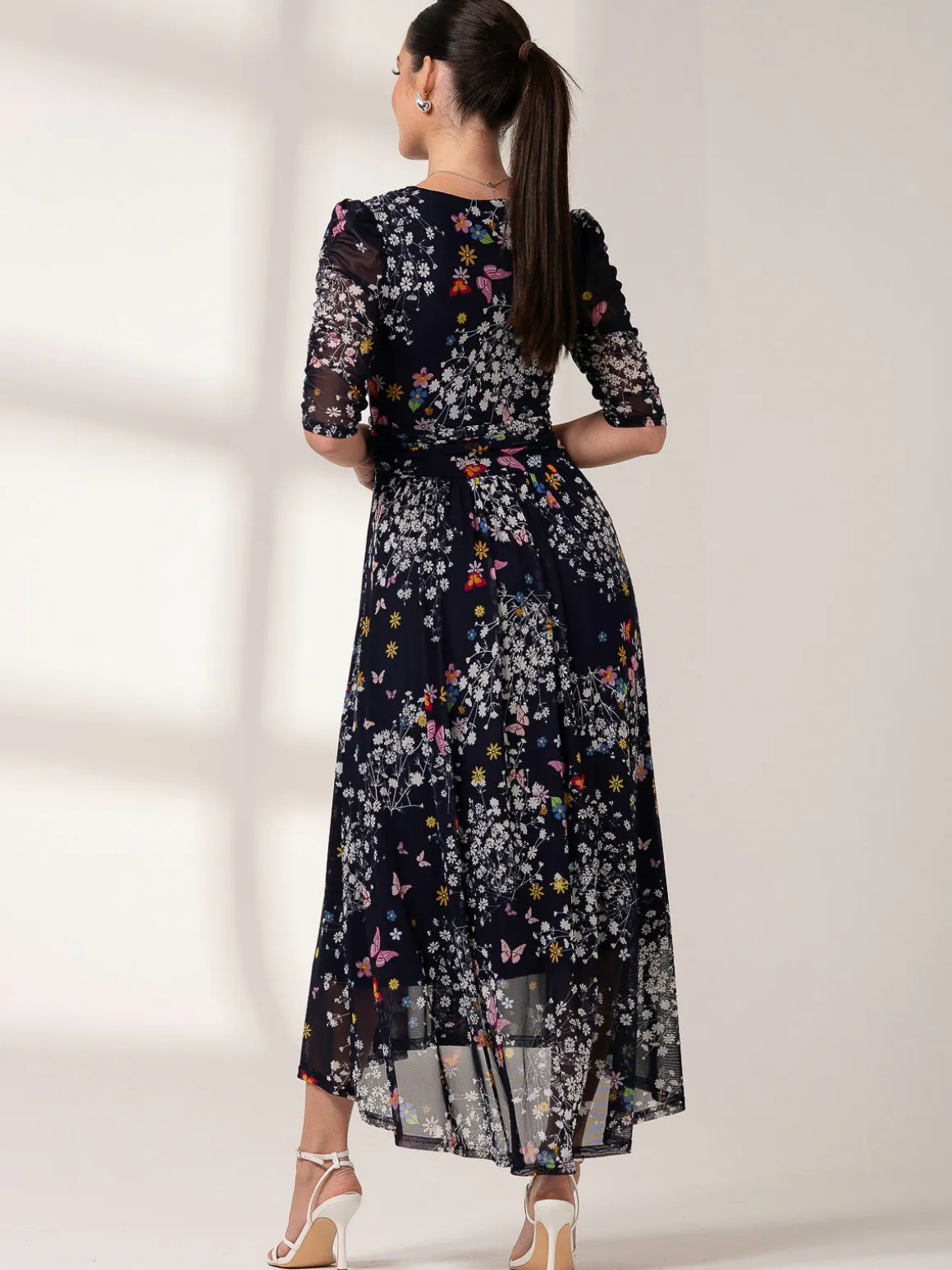 Dasha Ruched Sleeved Mesh Maxi Dress, Navy Floral