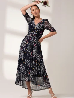 Dasha Ruched Sleeved Mesh Maxi Dress, Navy Floral