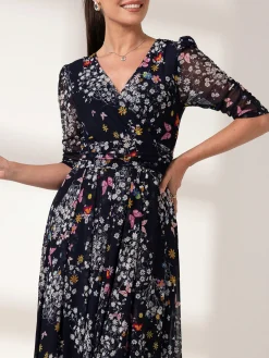 Dasha Ruched Sleeved Mesh Maxi Dress, Navy Floral