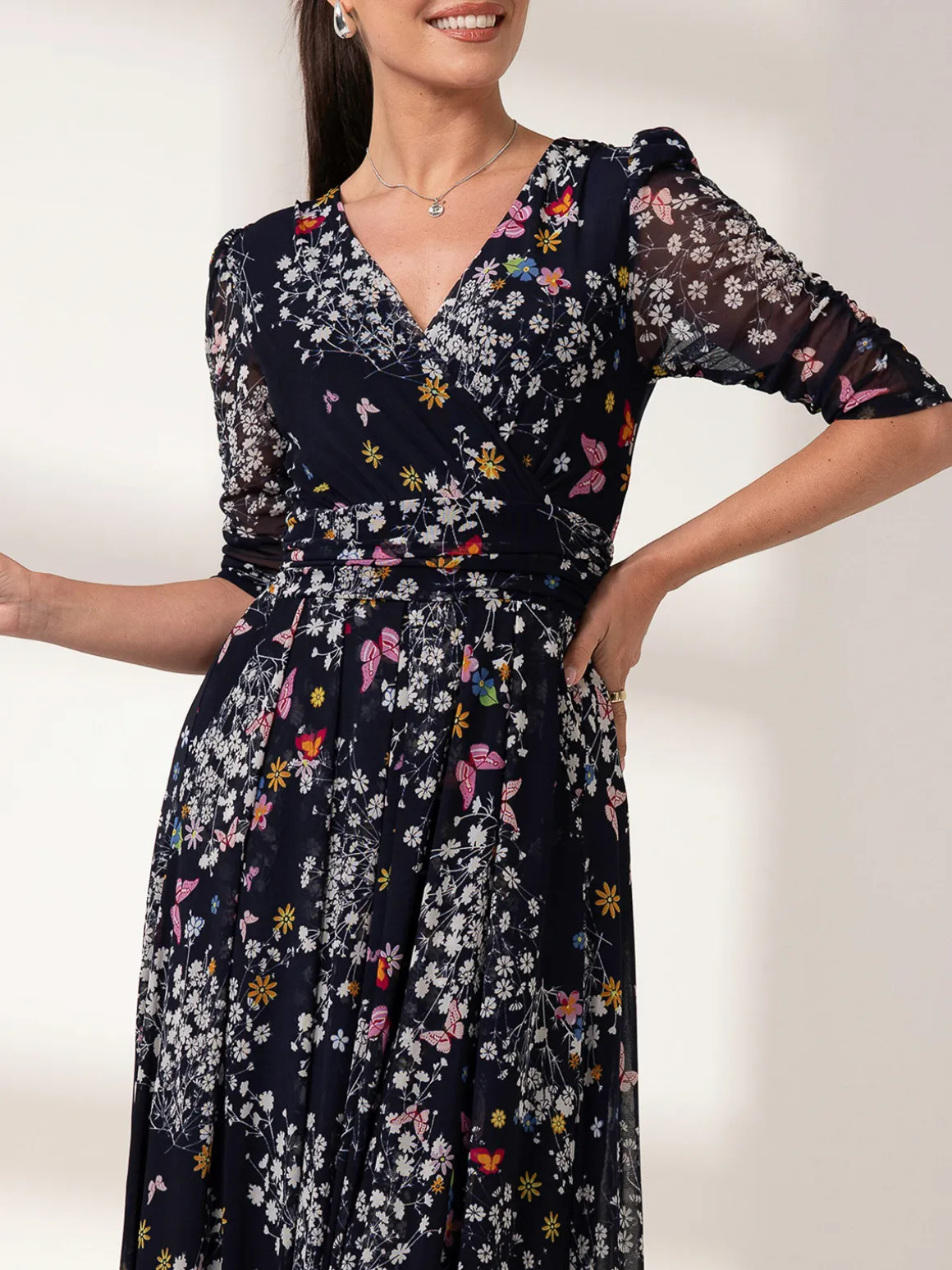 Dasha Ruched Sleeved Mesh Maxi Dress, Navy Floral