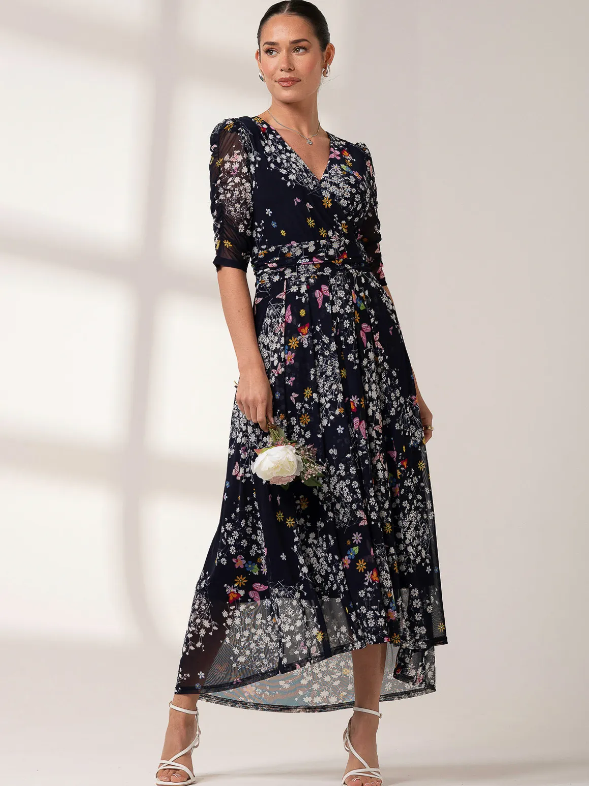 Dasha Ruched Sleeved Mesh Maxi Dress, Navy Floral