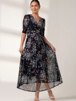 Dasha Ruched Sleeved Mesh Maxi Dress, Navy Floral