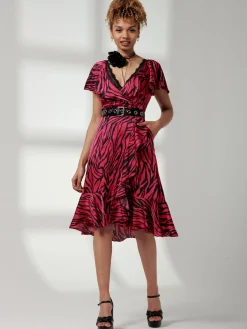 Deep Plunge V-Neck Midi Dress, Magenta Animal