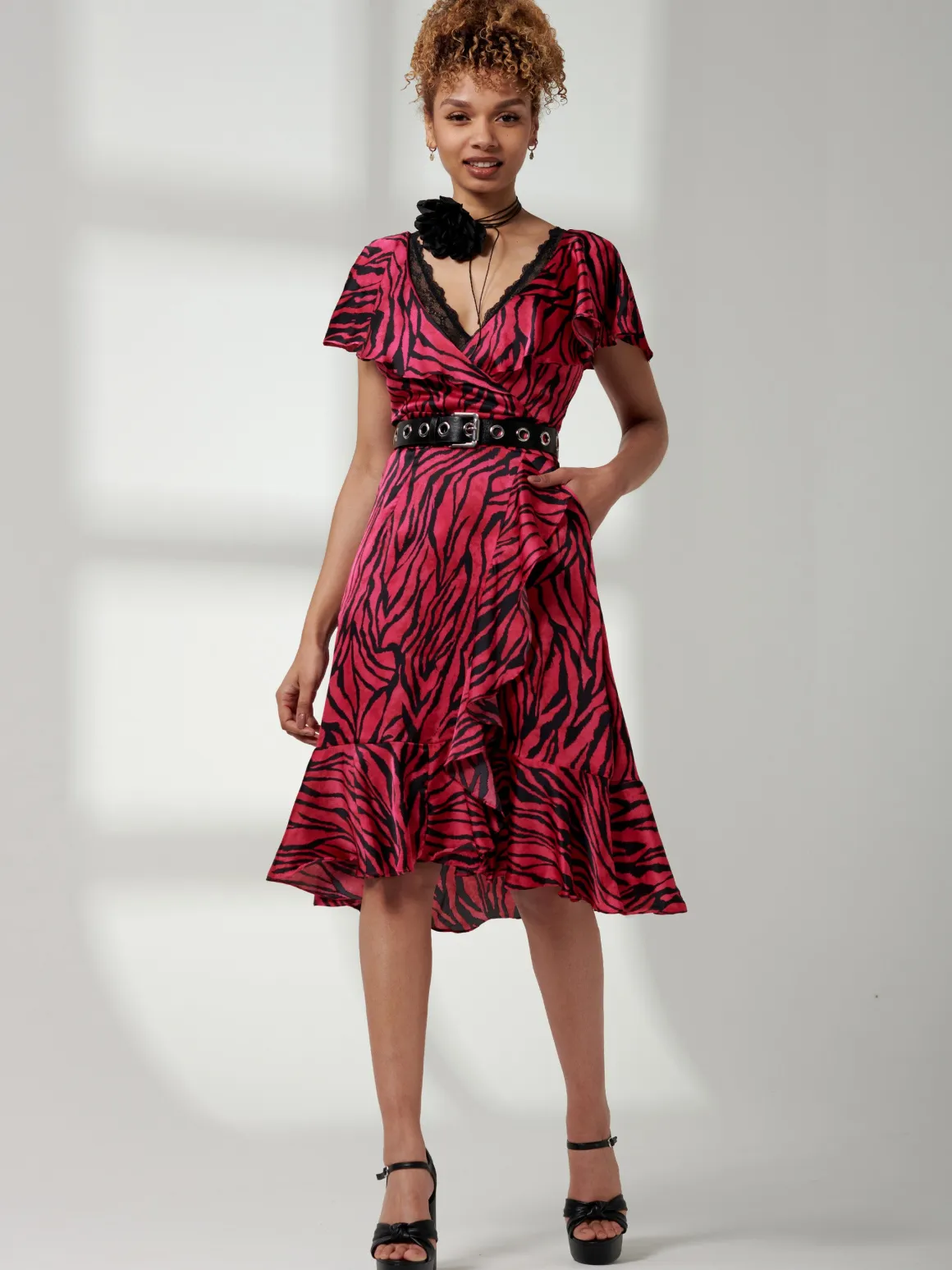 Deep Plunge V-Neck Midi Dress, Magenta Animal