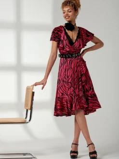Deep Plunge V-Neck Midi Dress, Magenta Animal