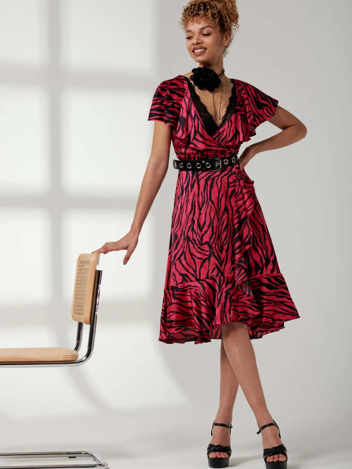 Deep Plunge V-Neck Midi Dress, Magenta Animal