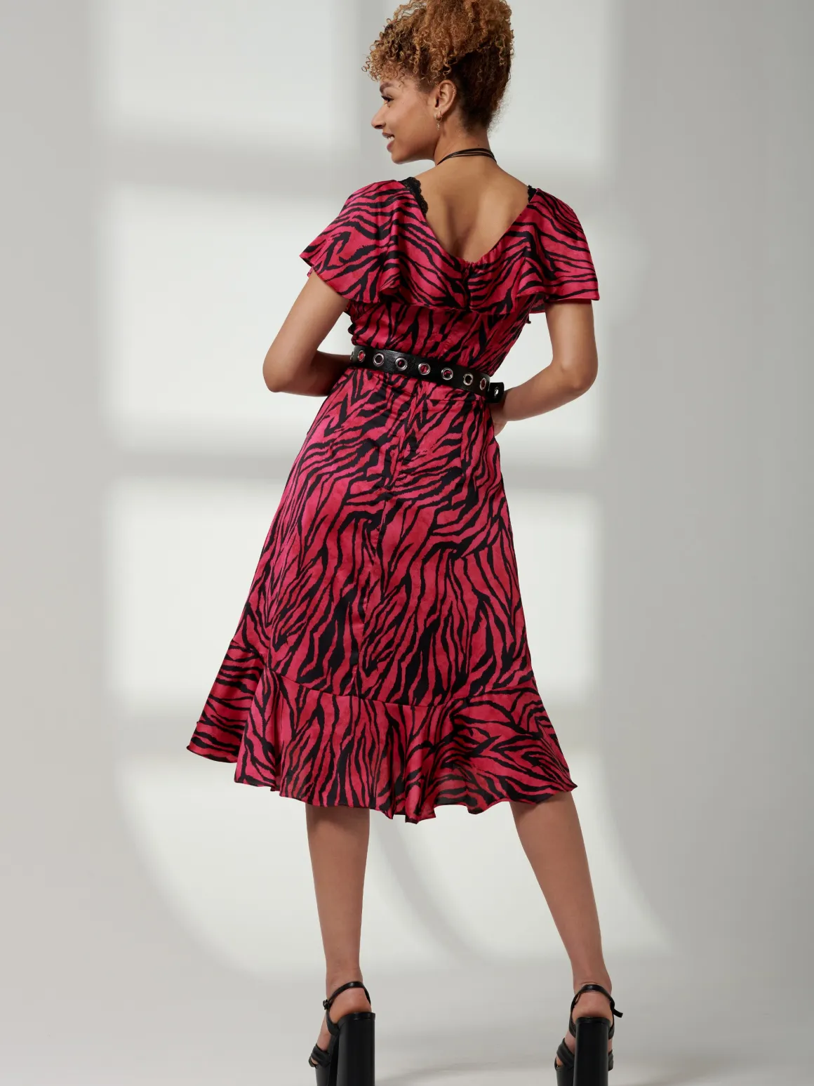 Deep Plunge V-Neck Midi Dress, Magenta Animal