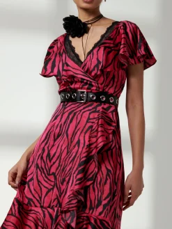 Deep Plunge V-Neck Midi Dress, Magenta Animal