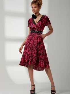 Deep Plunge V-Neck Midi Dress, Magenta Animal
