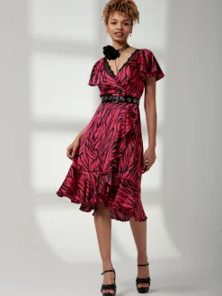 Deep Plunge V-Neck Midi Dress, Magenta Animal