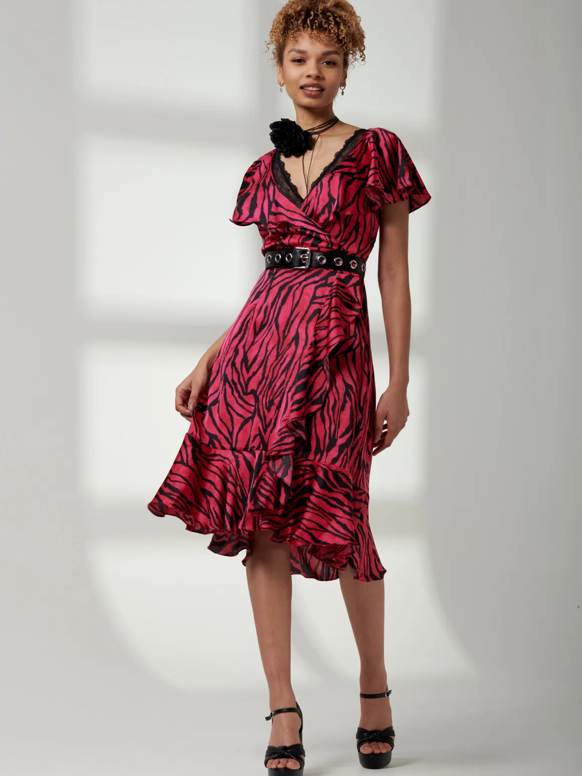 Deep Plunge V-Neck Midi Dress, Magenta Animal