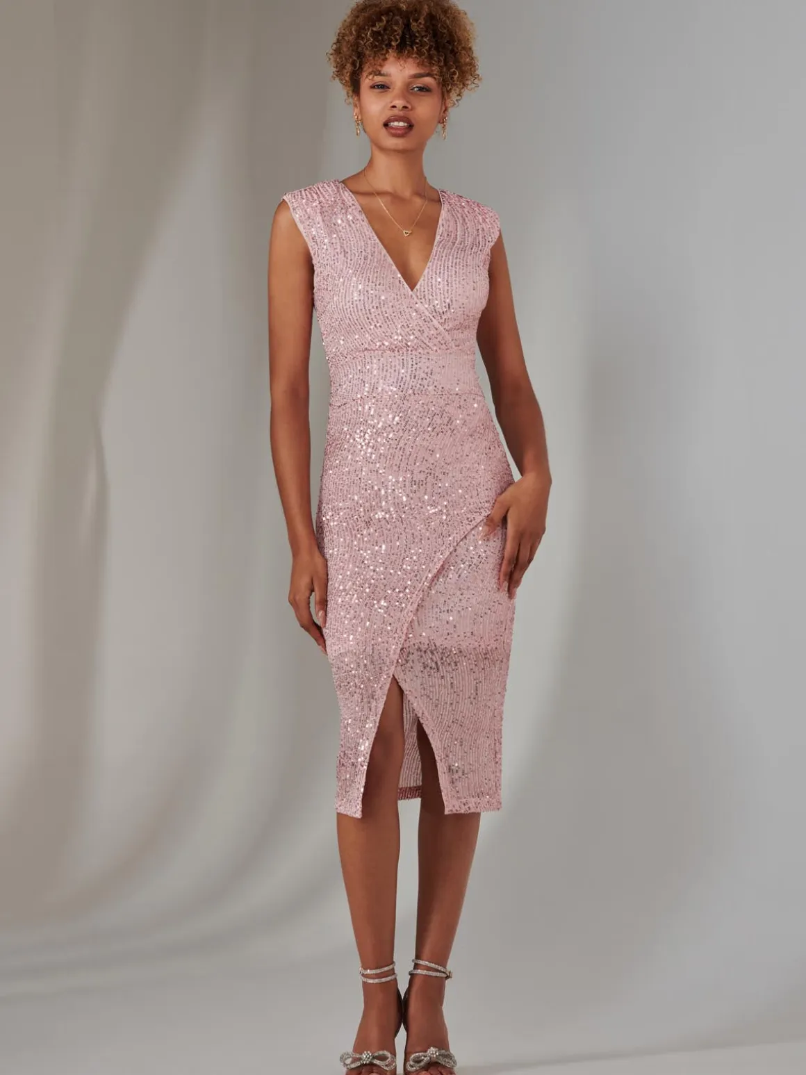 Deja Sequin Midi Dress With Slit, Light Pink