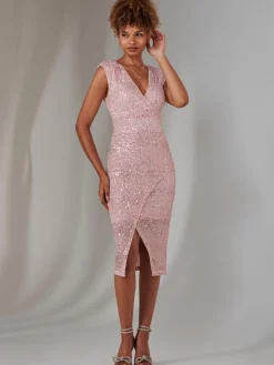 Deja Sequin Midi Dress With Slit, Light Pink