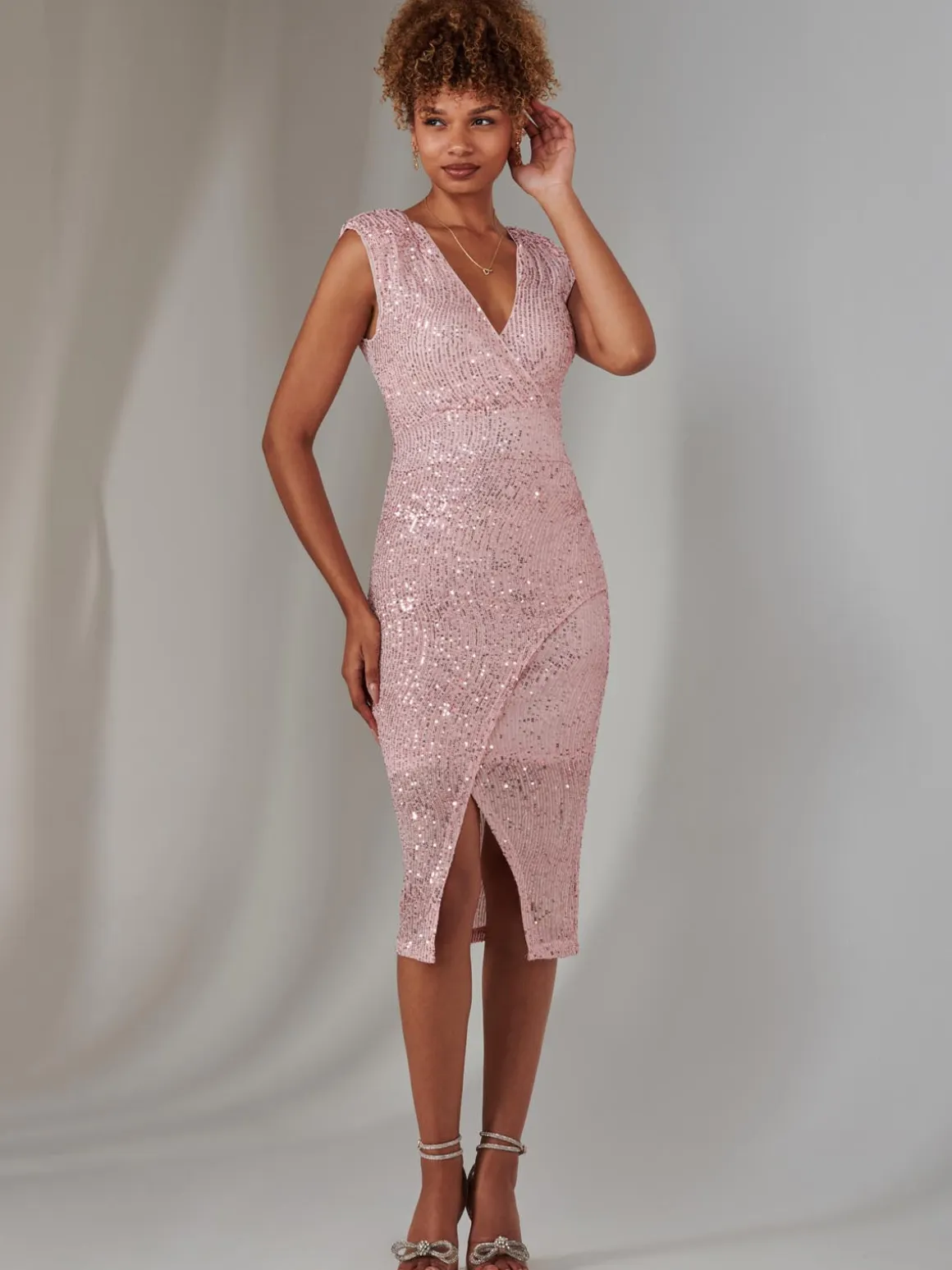 Deja Sequin Midi Dress With Slit, Light Pink