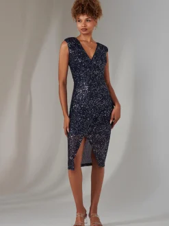 Deja Sequin Midi Dress With Slit, Navy Silver