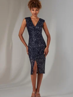 Deja Sequin Midi Dress With Slit, Navy Silver