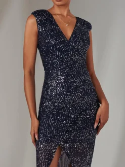Deja Sequin Midi Dress With Slit, Navy Silver