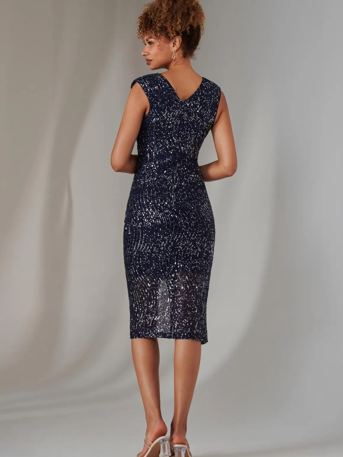 Deja Sequin Midi Dress With Slit, Navy Silver