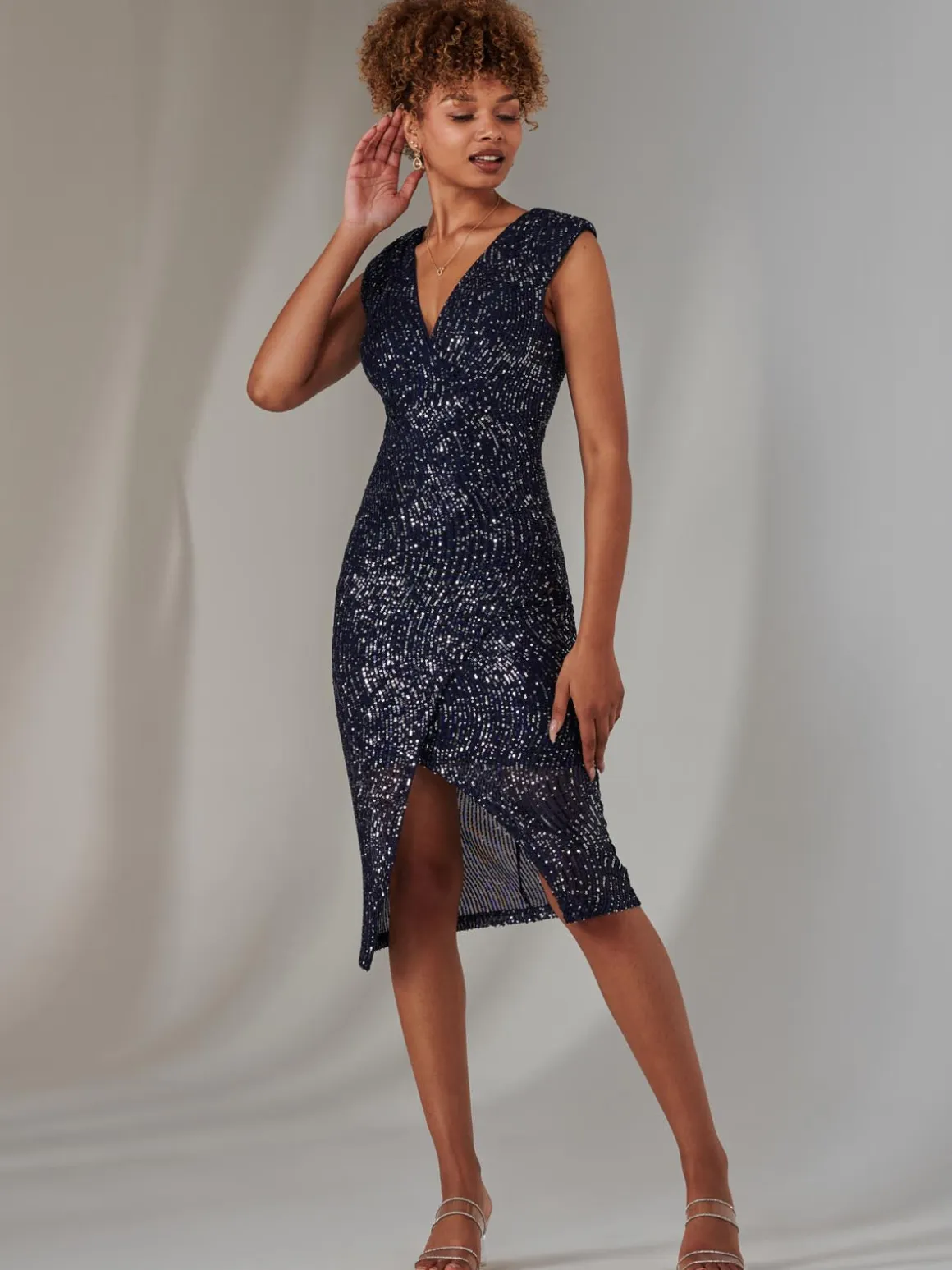 Deja Sequin Midi Dress With Slit, Navy Silver