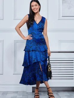 Della Crepe Frill Hem Maxi Dress, Blue Leopard