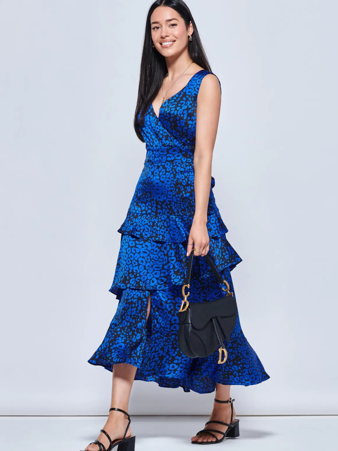 Della Crepe Frill Hem Maxi Dress, Blue Leopard