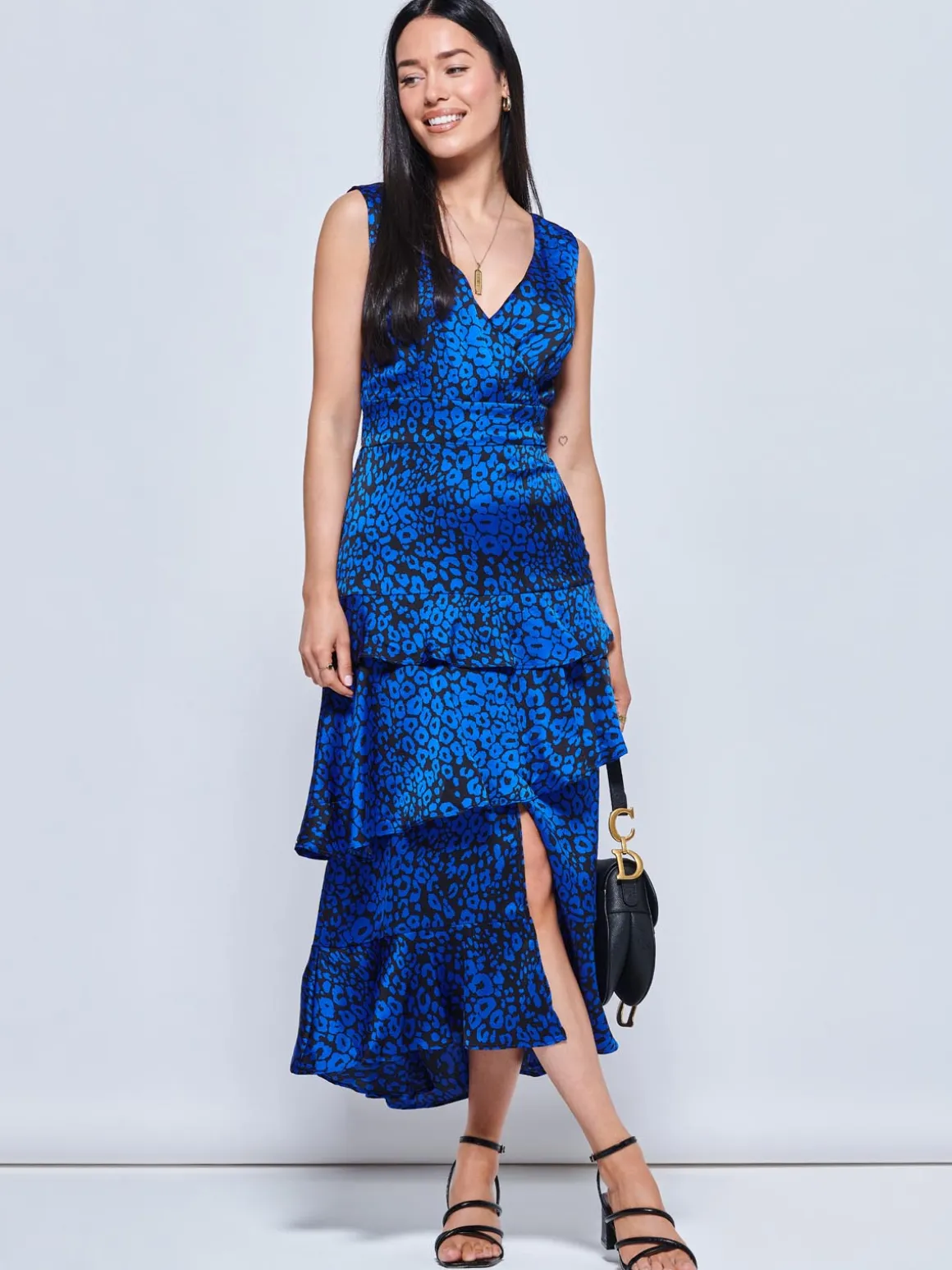 Della Crepe Frill Hem Maxi Dress, Blue Leopard