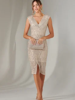 Demi Sequin Wrap Slit Bodycon Dress, Beige Silver