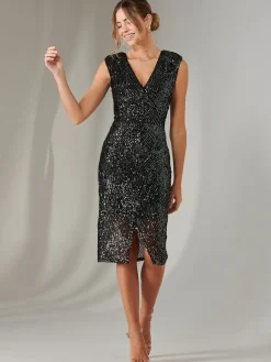 Demi Sequin Wrap Slit Bodycon Dress, Black