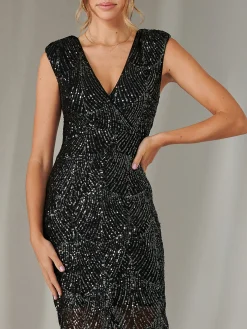 Demi Sequin Wrap Slit Bodycon Dress, Black