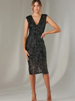Demi Sequin Wrap Slit Bodycon Dress, Black