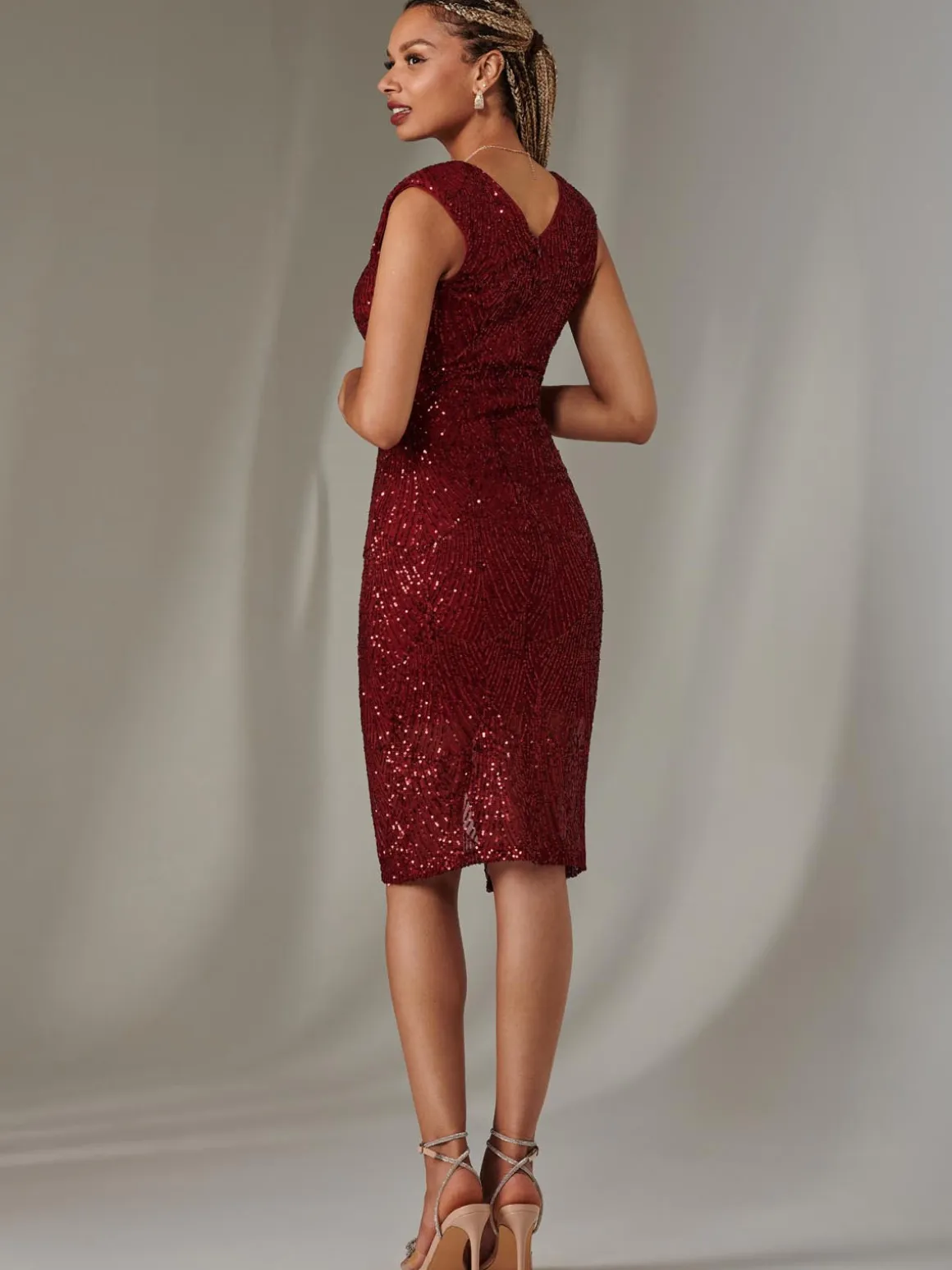 Demi Sequin Wrap Slit Bodycon Dress, Dark Red