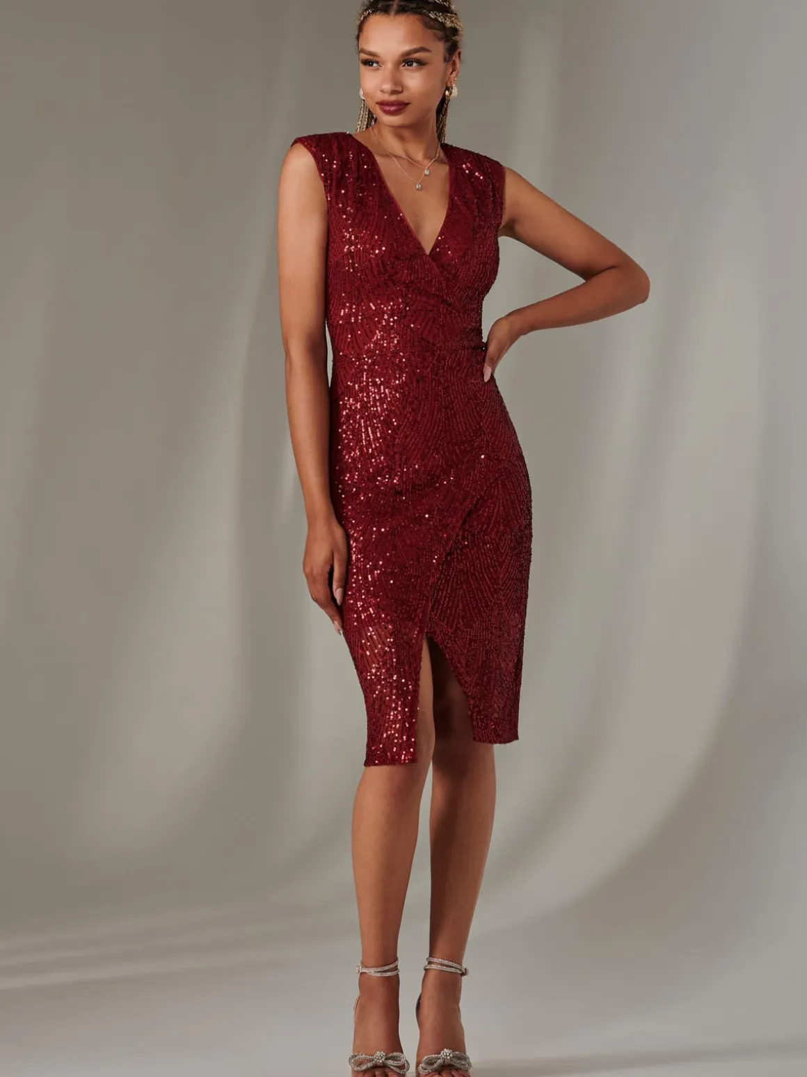 Demi Sequin Wrap Slit Bodycon Dress, Dark Red