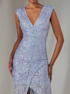 Demi Sequin Wrap Slit Bodycon Dress, Lilac