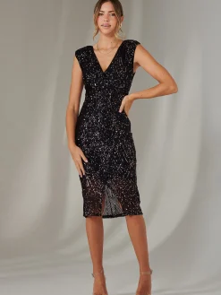 Demi Sequin Wrap Slit Bodycon Dress, Navy Multi