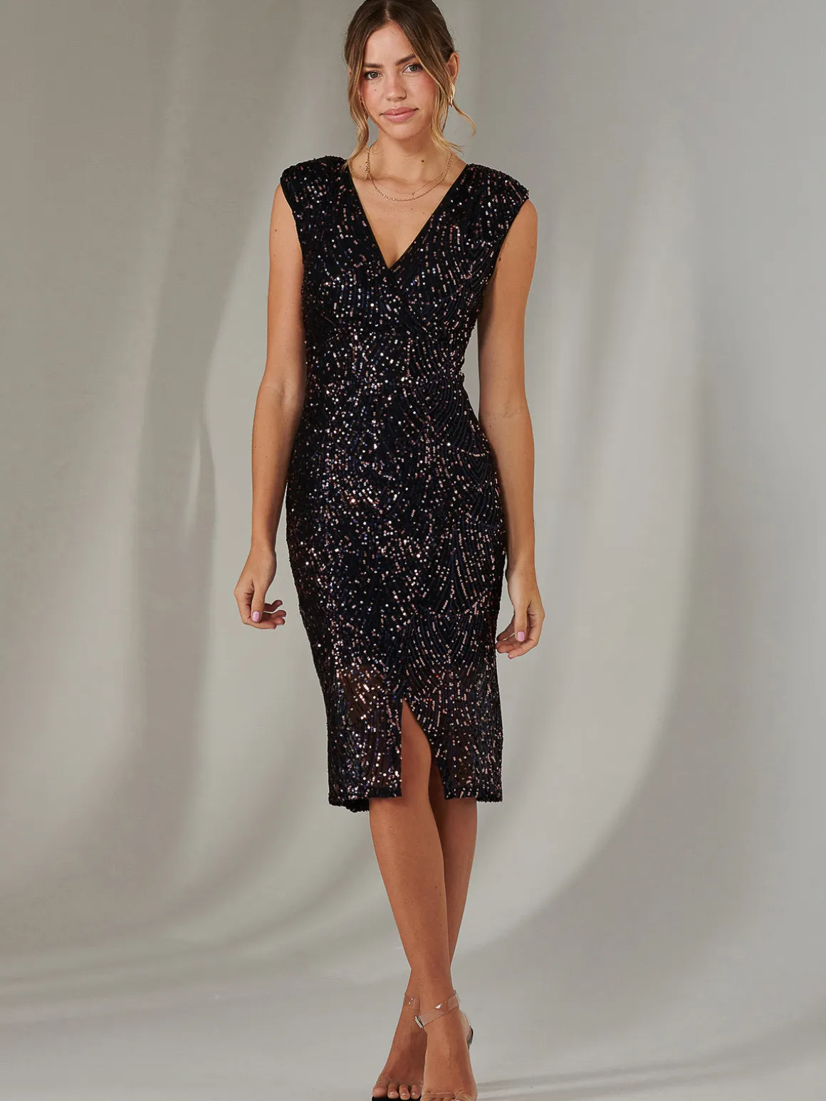Demi Sequin Wrap Slit Bodycon Dress, Navy Multi