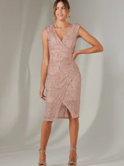 Demi Sequin Wrap Slit Bodycon Dress, Rose Pink