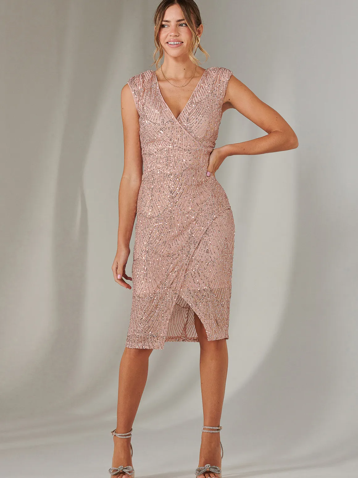 Demi Sequin Wrap Slit Bodycon Dress, Rose Pink
