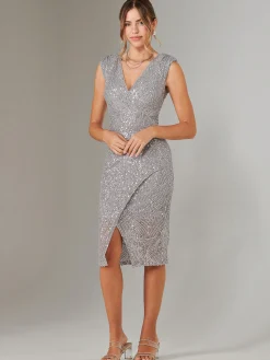 Demi Sequin Wrap Slit Bodycon Dress, Silver Grey
