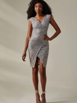 Demi Sequin Wrap Slit Bodycon Dress, Silver Grey
