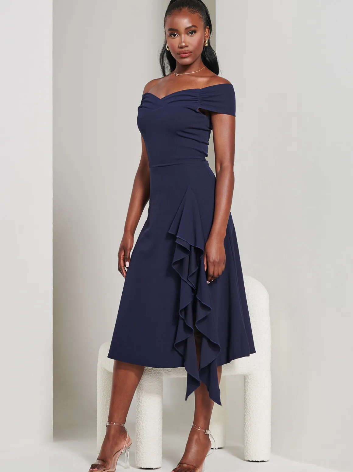 Desiree Frill Fit & Flare Dress, Navy