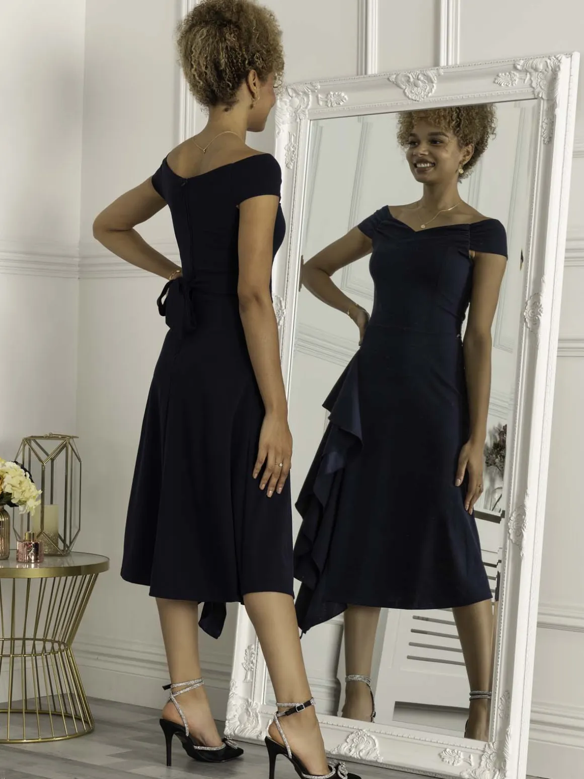 Desiree Frill Fit & Flare Dress, Navy
