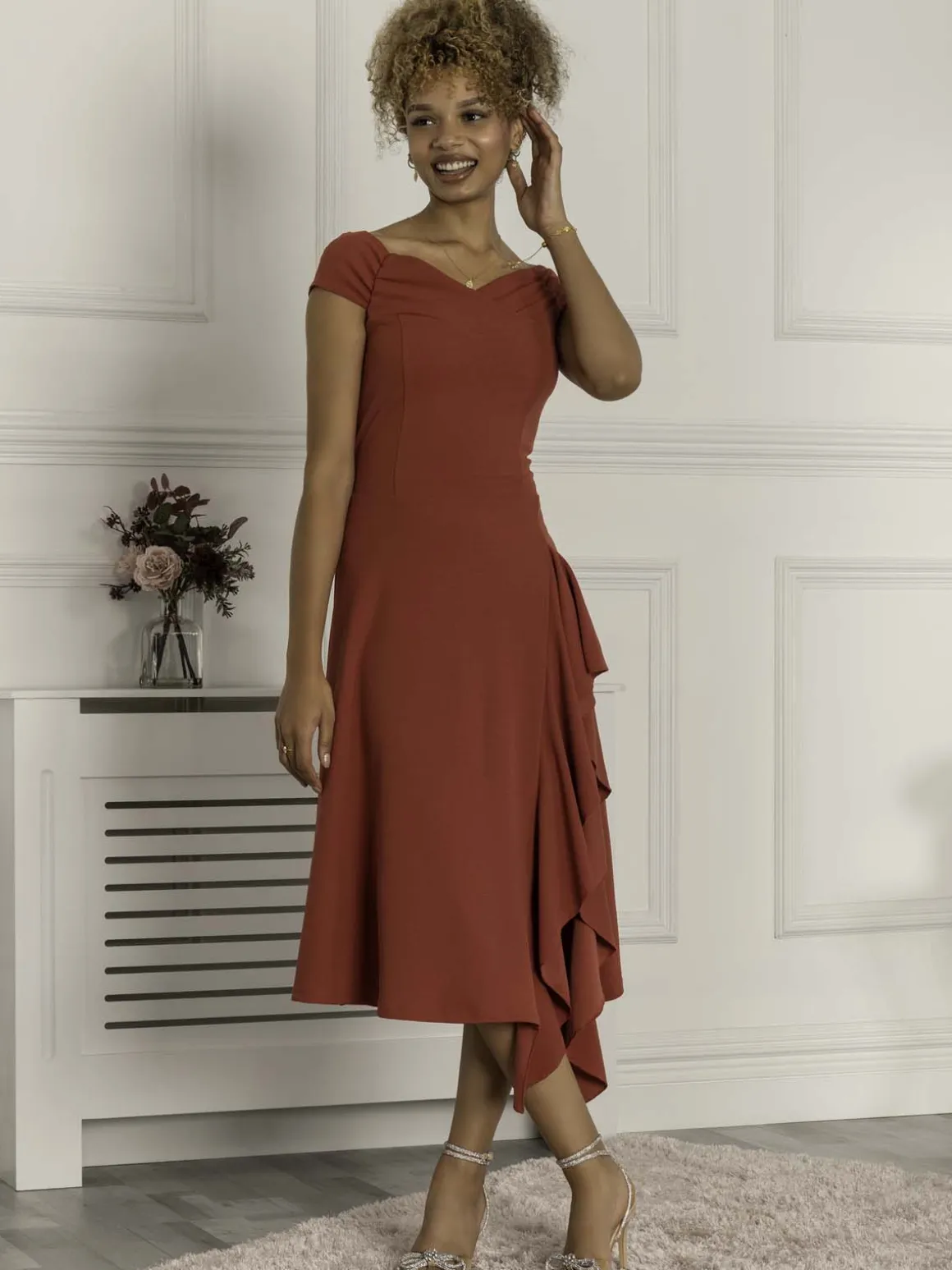 Desiree Frill Fit & Flare Dress, Rusty Red