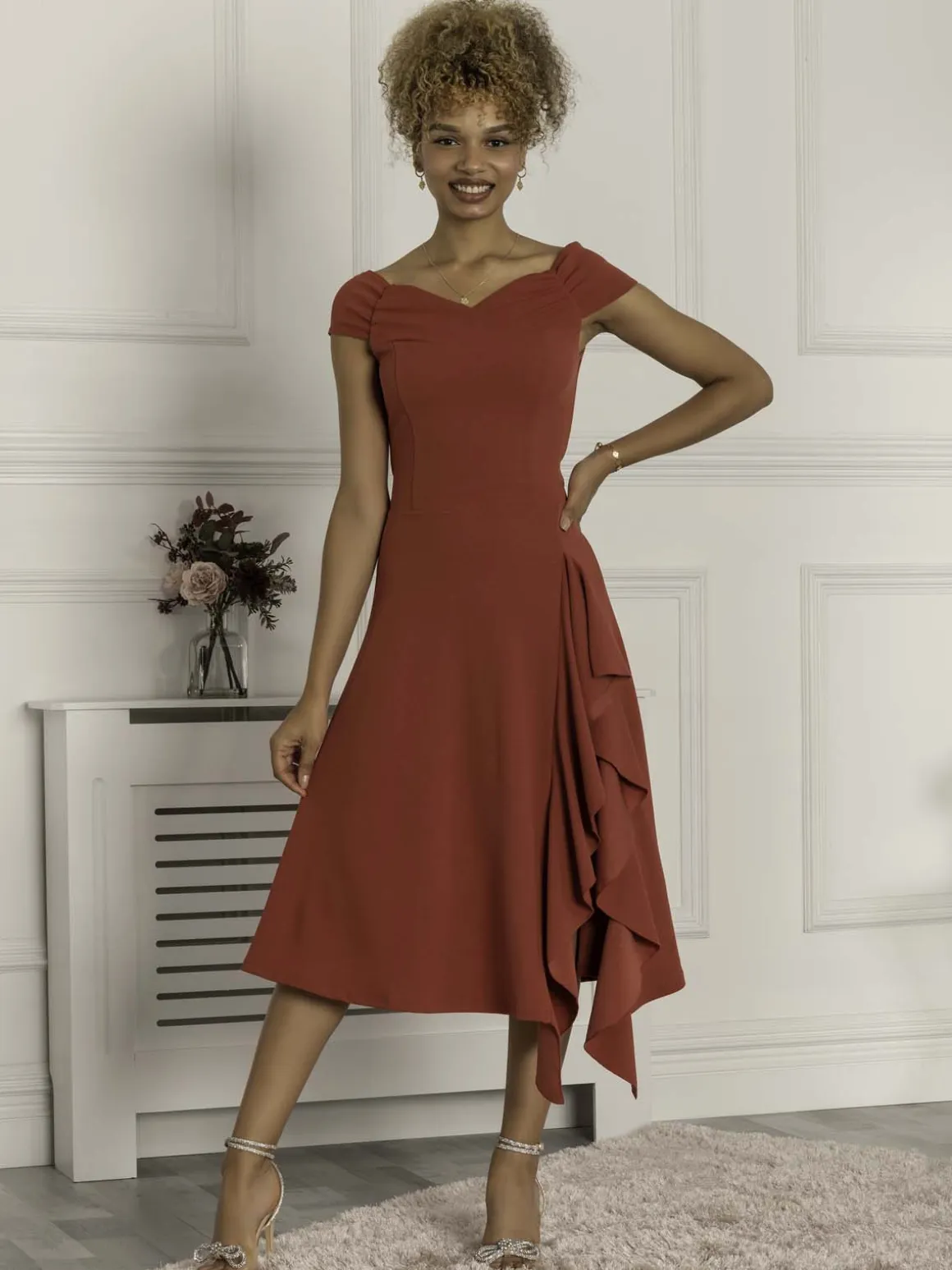 Desiree Frill Fit & Flare Dress, Rusty Red